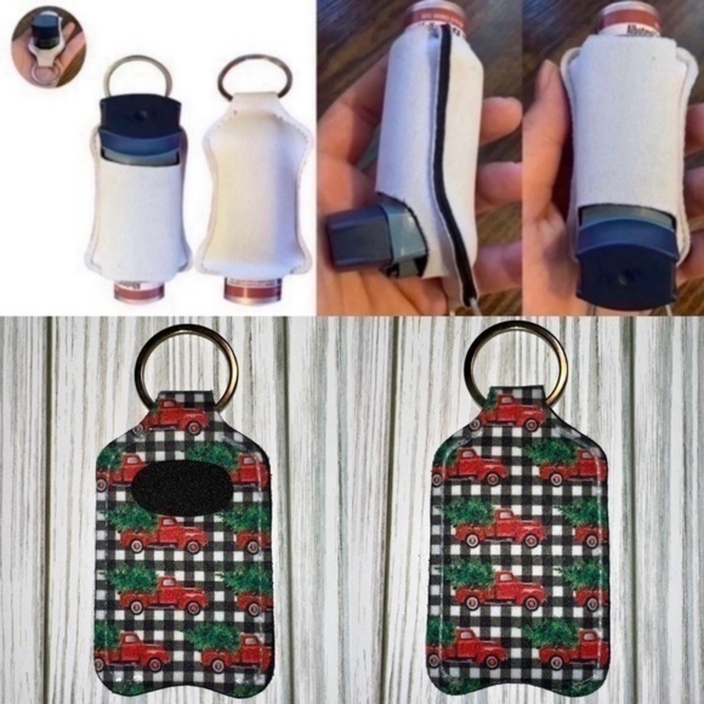 Christmas tree on red truck plaid inhaler holder new
